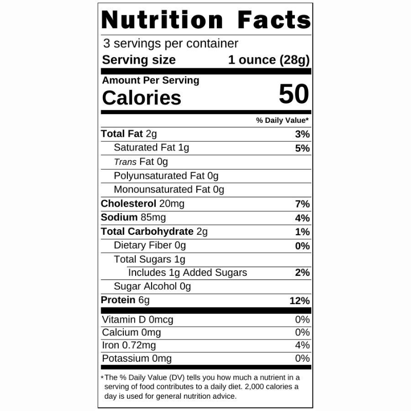 Bourbon Jerky Nutrition facts label for a food product with serving size, calories, and detailed nutritional information.