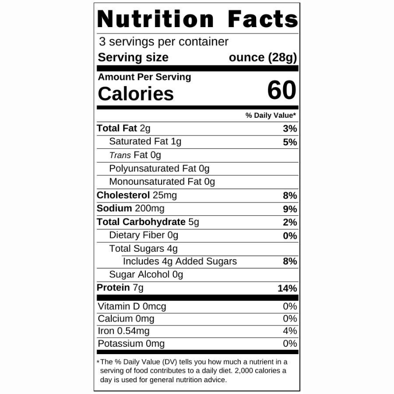 Maple Jerky Nutrition facts label for a product with serving size, calories, and detailed nutritional information.